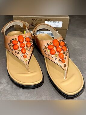 Donald J. Pliner Tan Leather Thong Sandals with Bright Orange Gem Accents